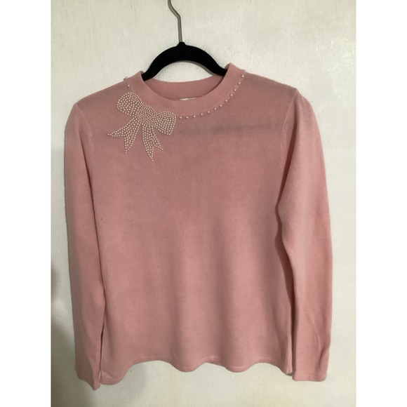 Studio‎ Works Vintage Womens Long Sleeve Sweater Pink Pearls Bow Sz Med 40" Bust - Picture 1 of 4